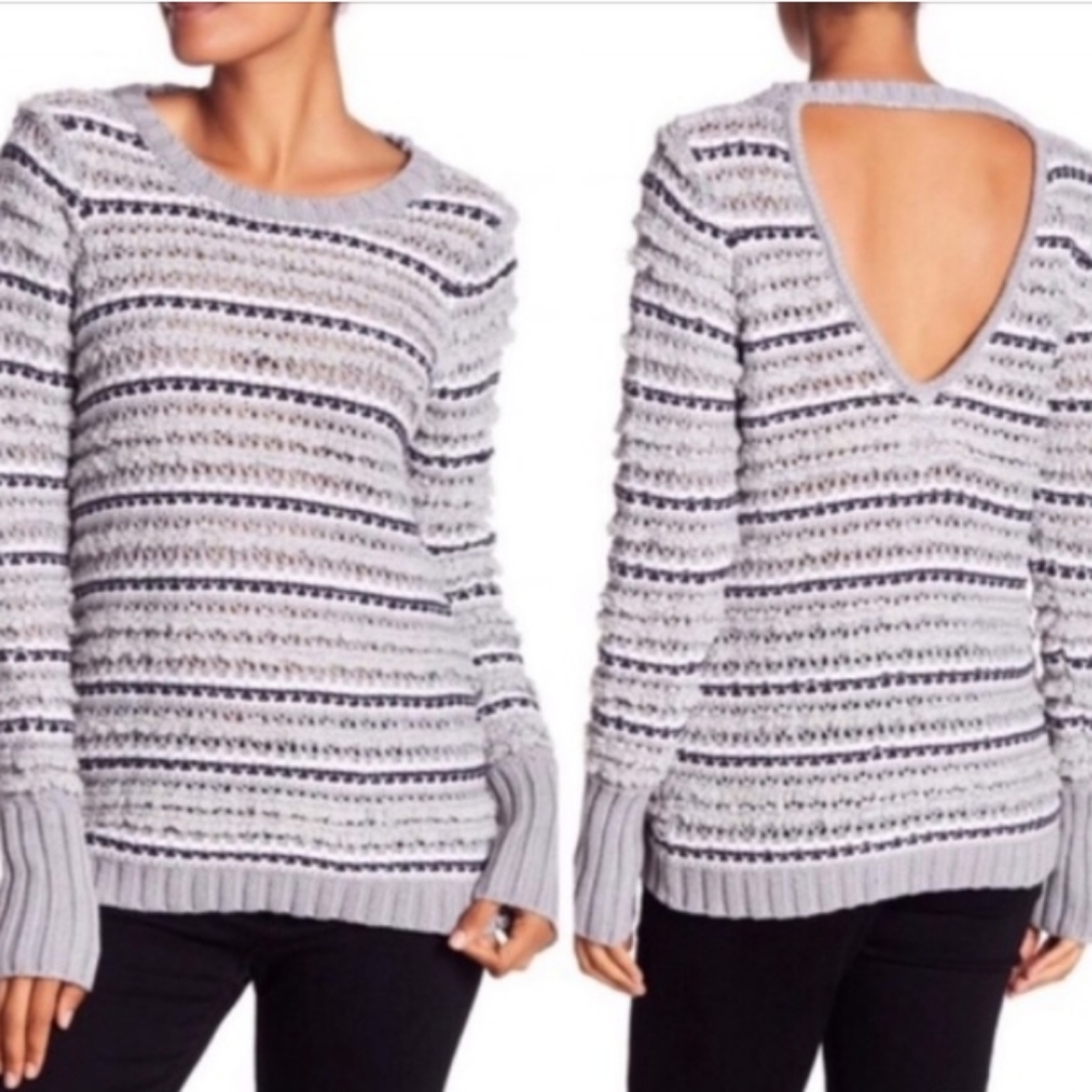 Chaser Chunky Grey White Striped Textured Sweater Back Cutout Size XS